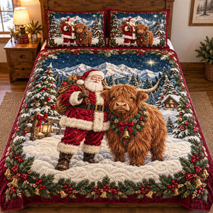 Santa And Highland Cow Christmas Quilted Bedding Set