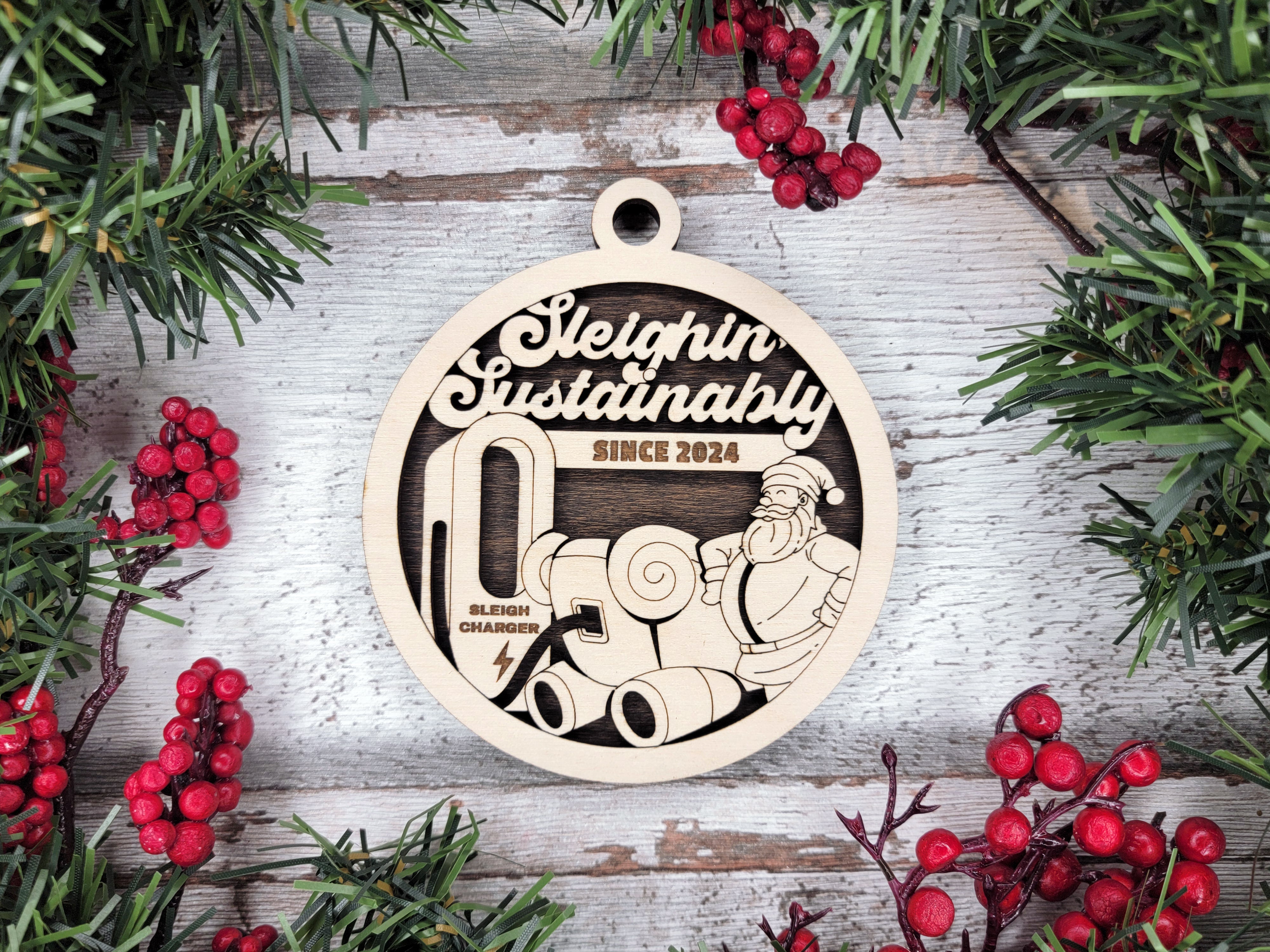 Sleighning Sustainably 2-Layer Wooden Ornament, Year In Review Ornament, Funny Christmas Ornament