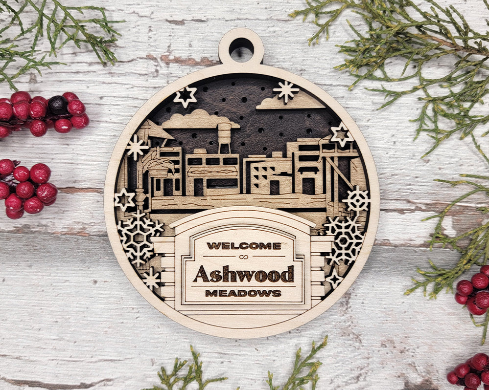 Welcome Ashwood Meadows Smalltown Personalized 3D Wood Christmas Ornaments, Welcome Sign Ornament