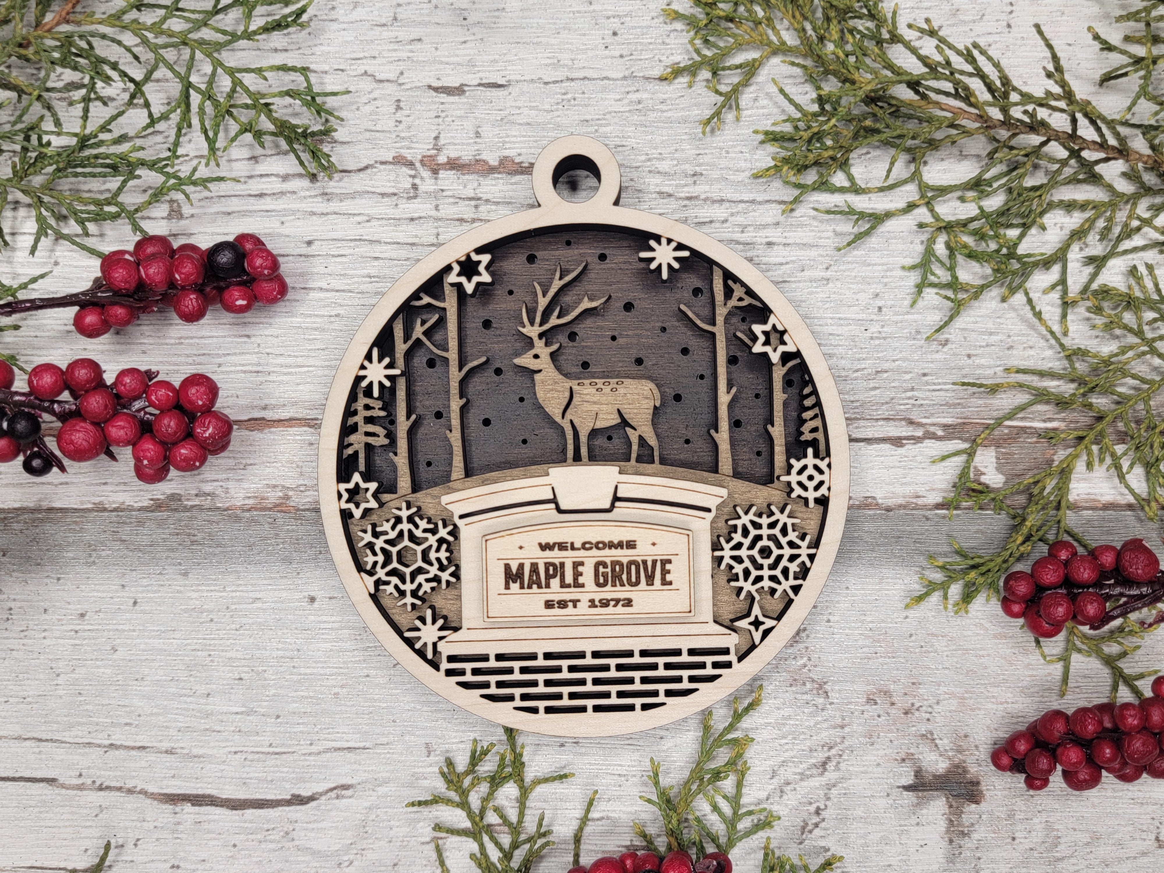 Welcome Maple Grove Snowfield Personalized 3D Wood Christmas Ornaments, Welcome Sign Ornament