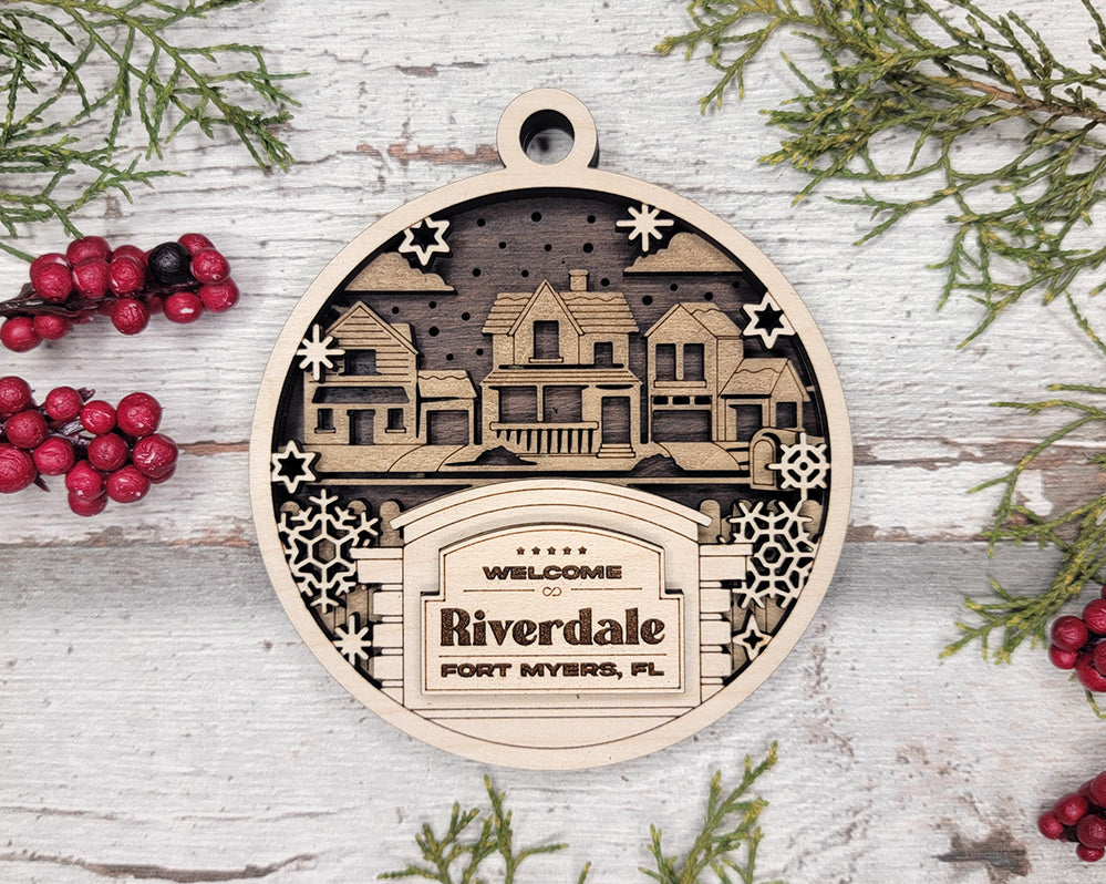 Welcome Riverdale Suburban Personalized 3D Wood Christmas Ornaments, Welcome Sign Ornament