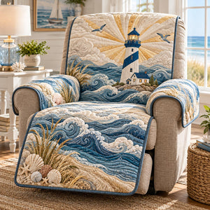 Sunrise Lighthouse Waves Quilted Couch Cover, Nautical Coastal Sofa Cover, Beach Decor