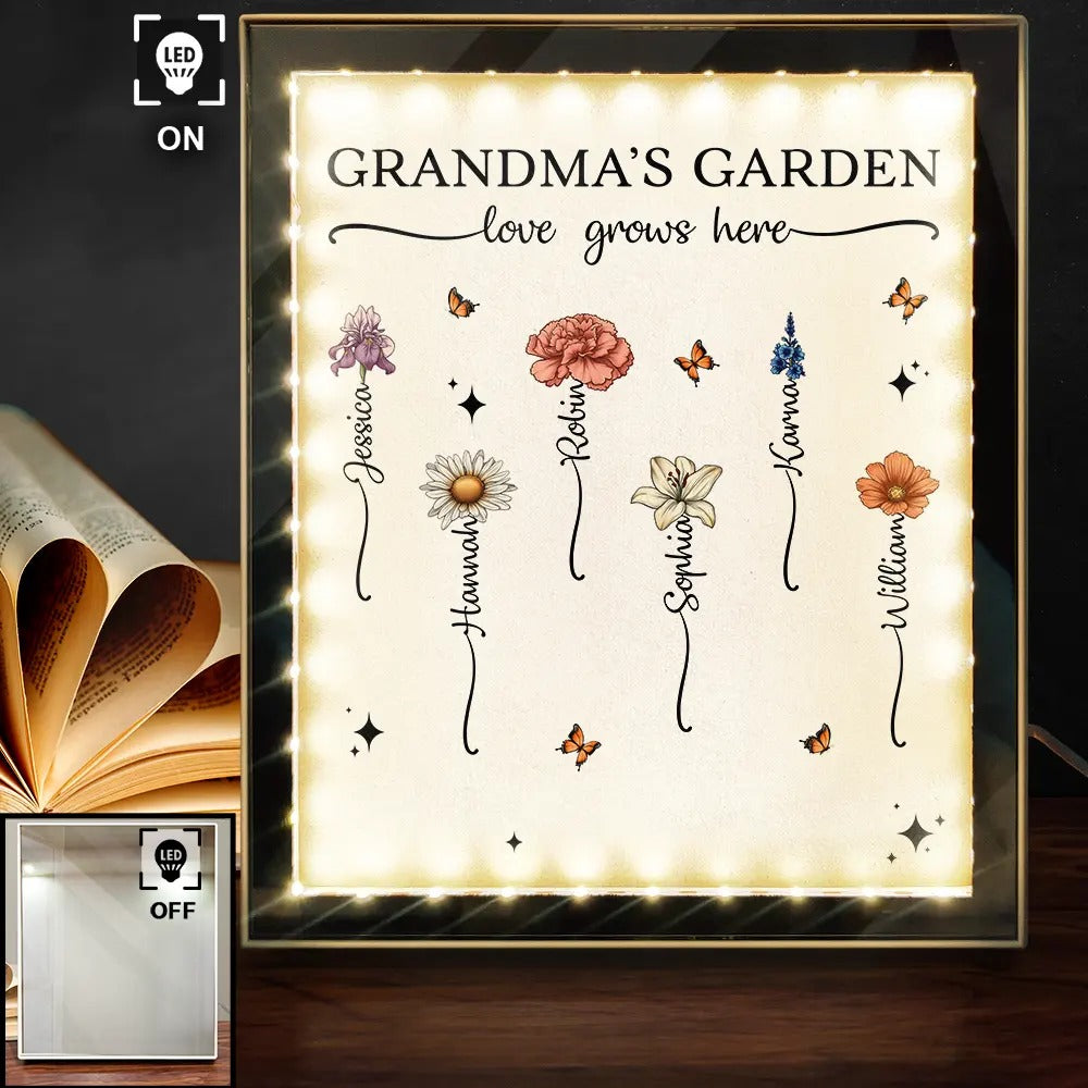 Grandma's Garden Custom Birth Month Flower Personalized LED Mirror Frame Lamp, Mirror Night Light