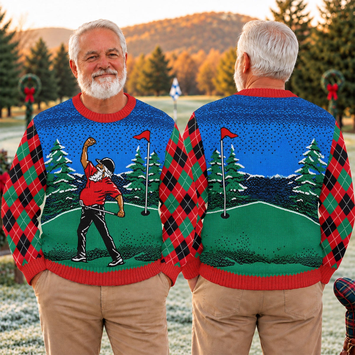 Christmas Golfer Red Plaid Ugly Sweater, Christmas Golf Gift, Funny Holiday Sweater