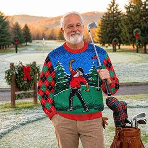 Christmas Golfer Red Plaid Ugly Sweater, Christmas Golf Gift, Funny Holiday Sweater