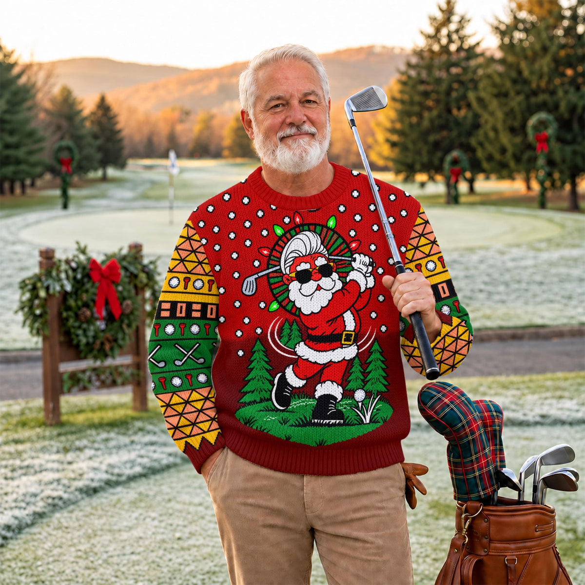 Cartoon Santa Golf Ugly Christmas Sweater - view 3