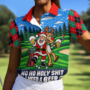 Christmas Santa Reindeer Beer Golf Shirt, Ladies Golf Shirts, Womens Golf Apparel