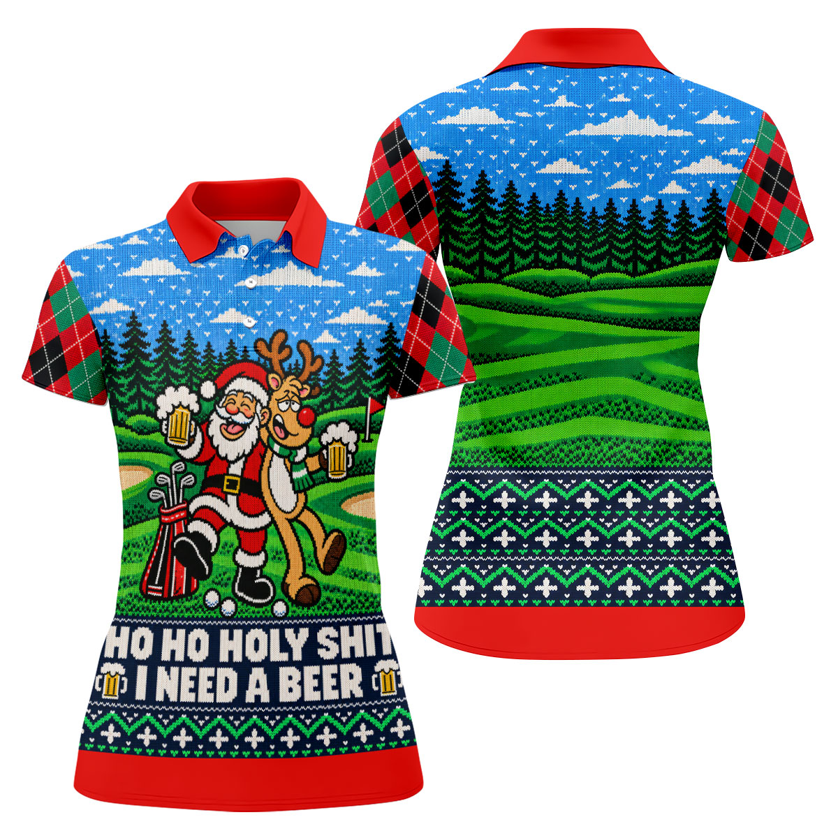 Christmas Santa Reindeer Beer Golf Shirt, Ladies Golf Shirts, Womens Golf Apparel