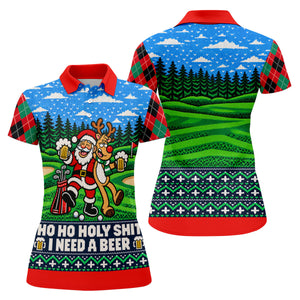Christmas Santa Reindeer Beer Golf Shirt, Ladies Golf Shirts, Womens Golf Apparel