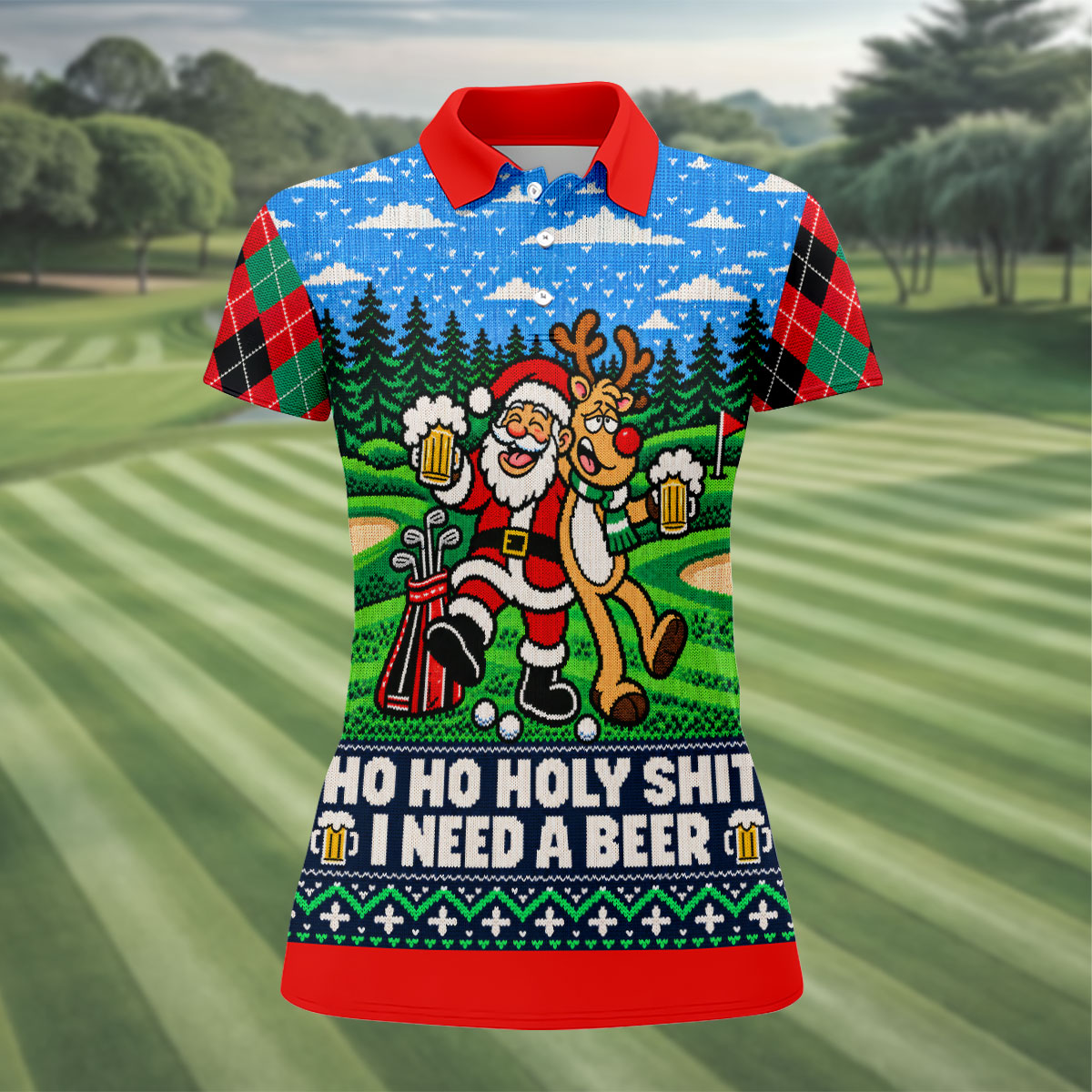 Christmas Santa Reindeer Beer Golf Shirt, Ladies Golf Shirts, Womens Golf Apparel