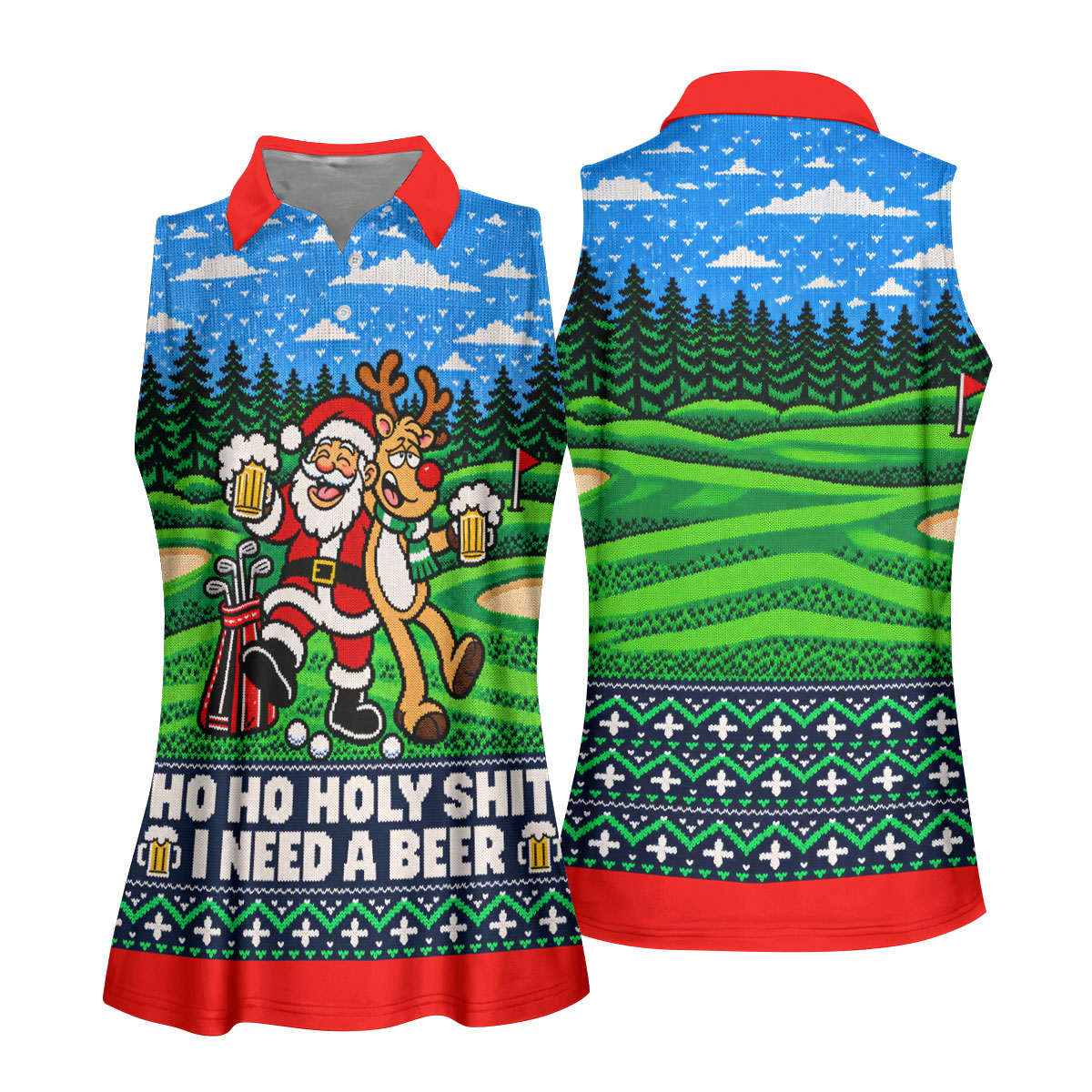 Christmas Santa Reindeer Beer Golf Shirt, Ladies Golf Shirts, Womens Golf Apparel