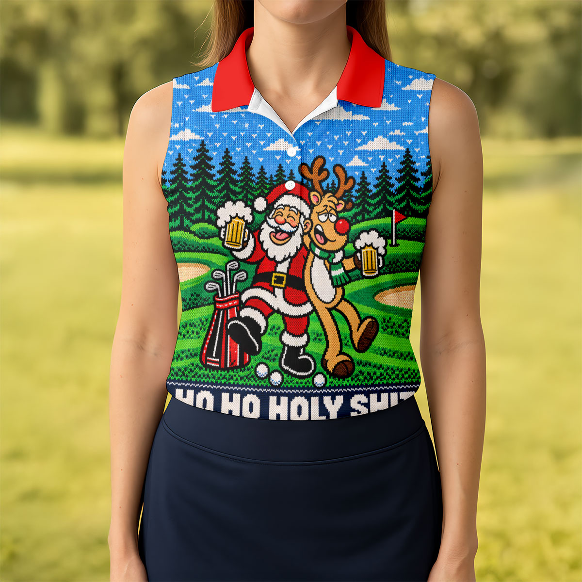 Christmas Santa Reindeer Beer Golf Shirt, Ladies Golf Shirts, Womens Golf Apparel