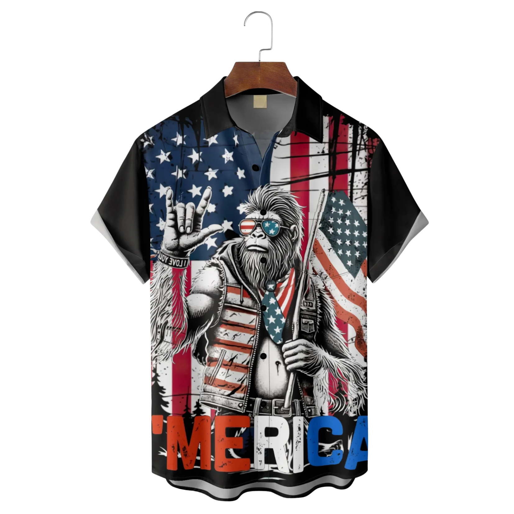 American Flag Bigfoot Patriot Black Hawaiian Golf Shirt, 250th Anniversary Tropical Vibe Men's Golf Shirt