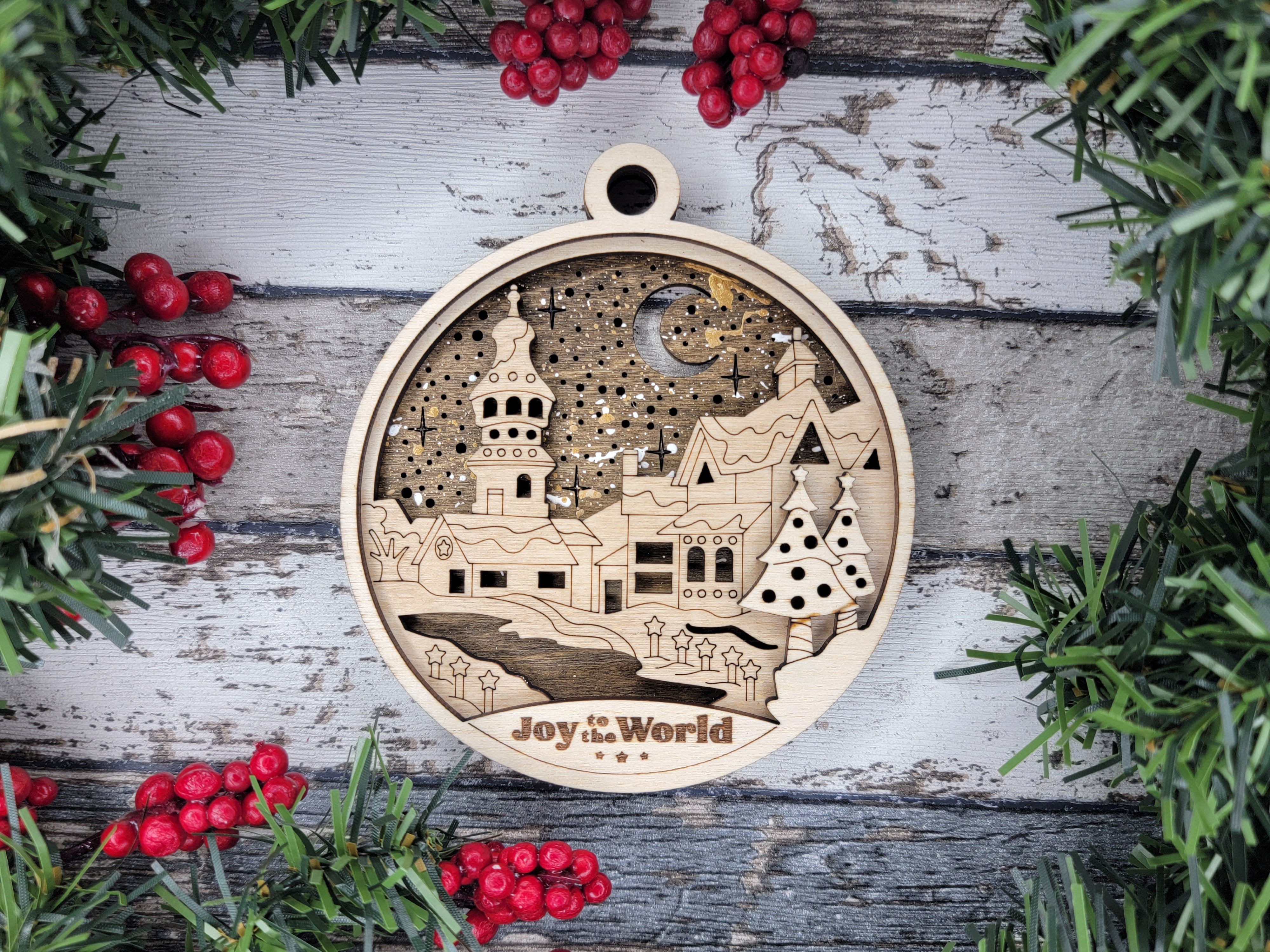 Personalized Joy To The World, Christmas Town Ornament, 3D Christmas Wood Ornaments