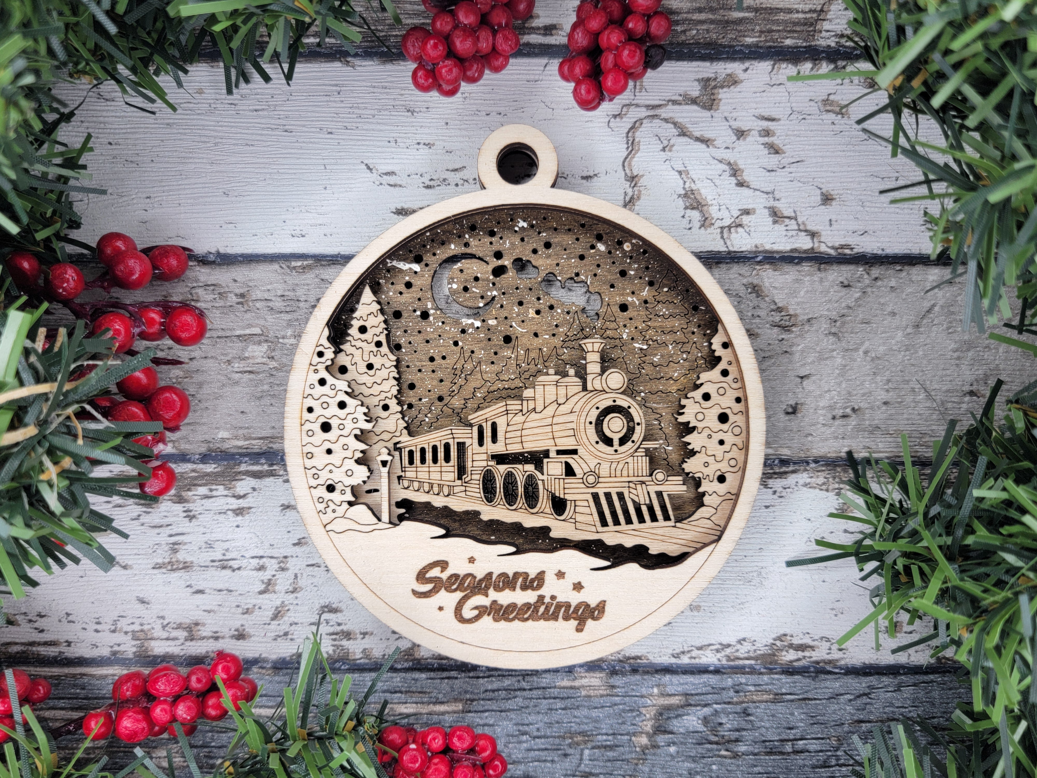 Season Greetings Ornament, Steam Engine Train, Train Ornament, 3D Christmas Wood Ornaments