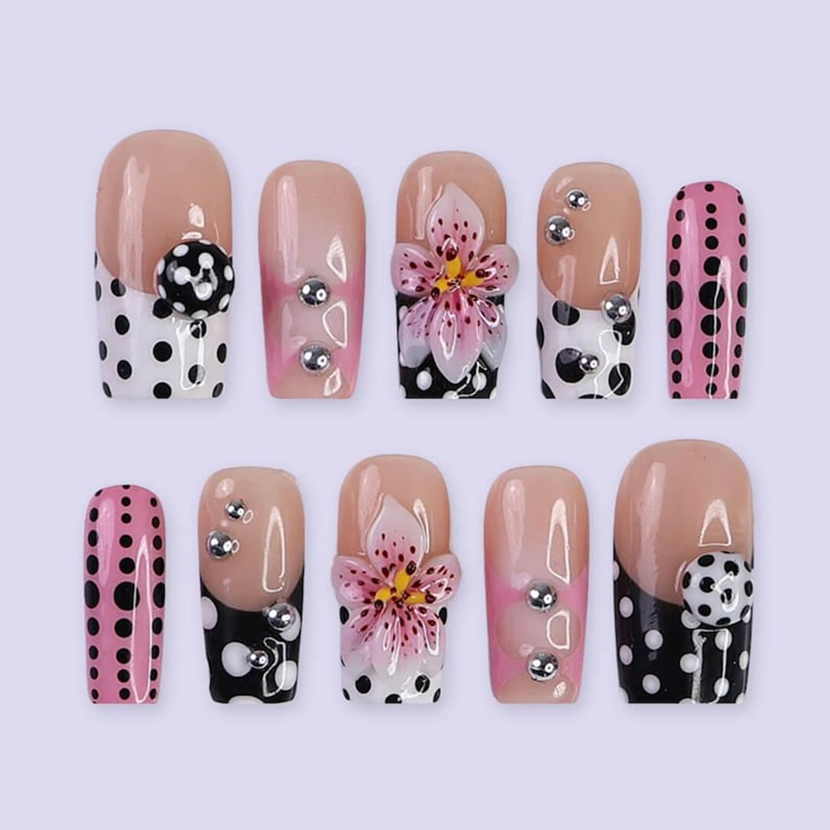 Polka Dot Press On Nail, Pink and Black Retro with 3D Flower & Silver Bead, Handmade Nail Art for Everyday