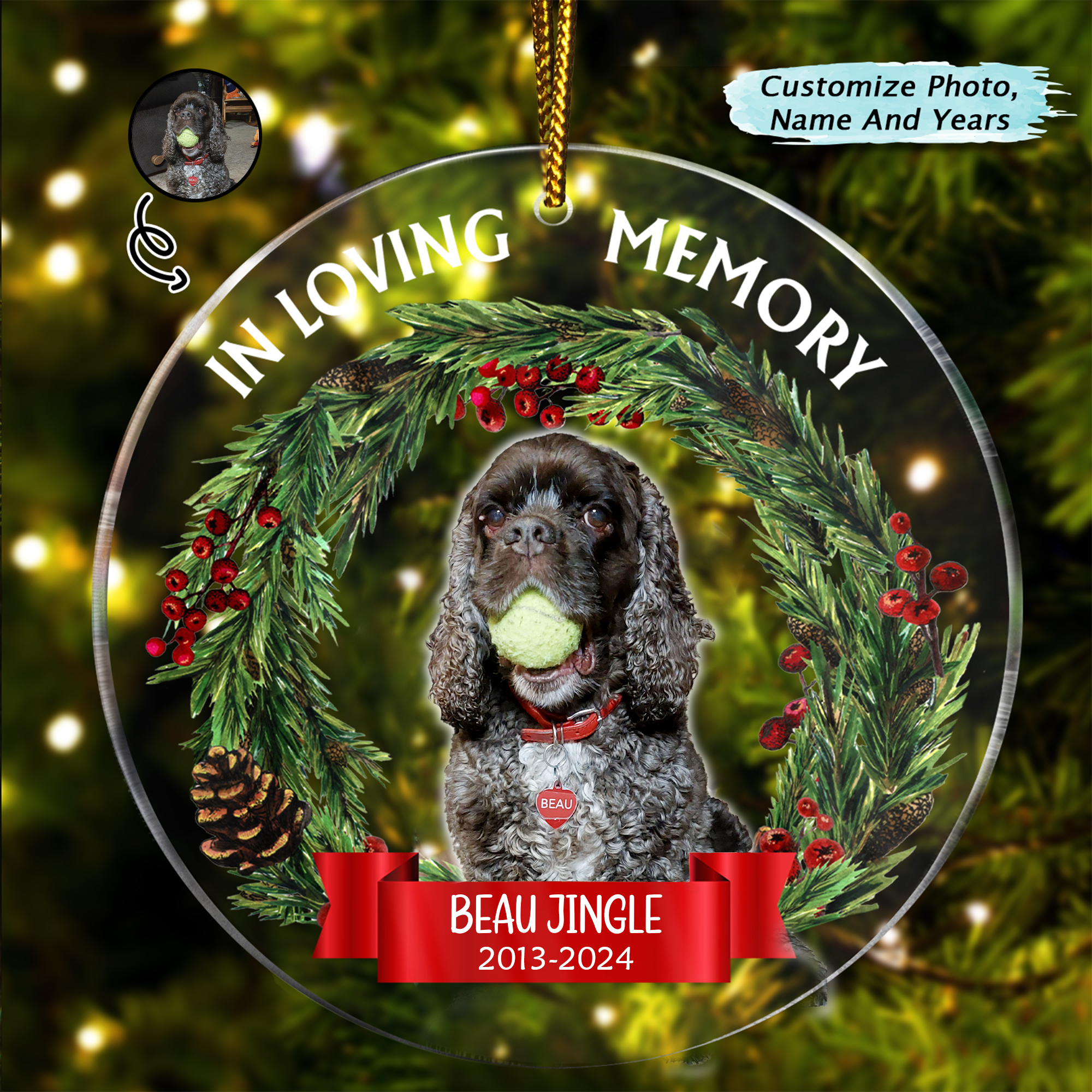 In Loving Memory Custom Photo Acrylic Christmas Memorial Ornament, Dog Lover Gifts