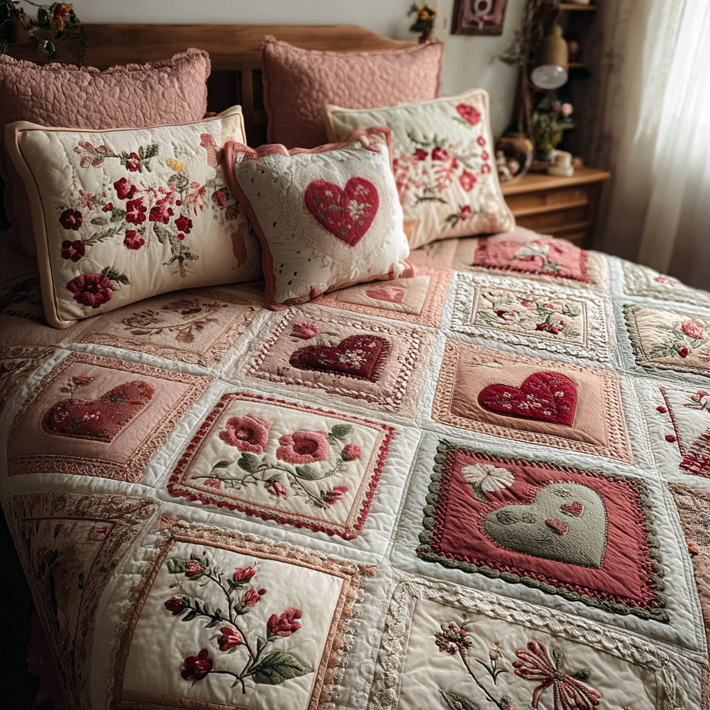 Vintage Blush Garden 3-Piece Quilted Bedding Set Lightweight Quilt Set Nature Lover Gift Fall Decor Gift