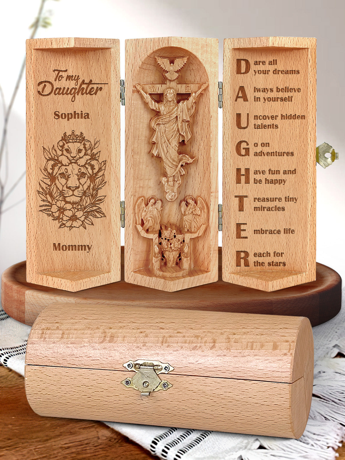 To My Loving Daughter, Personalized Openable Wooden Cylinder Sculpture of Jesus Christ, Christ Decor