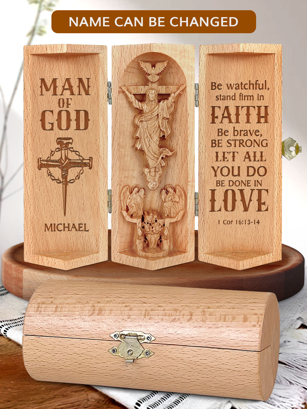 Man Of God, Personalize Openable Wooden Cylinder Sculpture of Jesus Christ, Christian Gifts