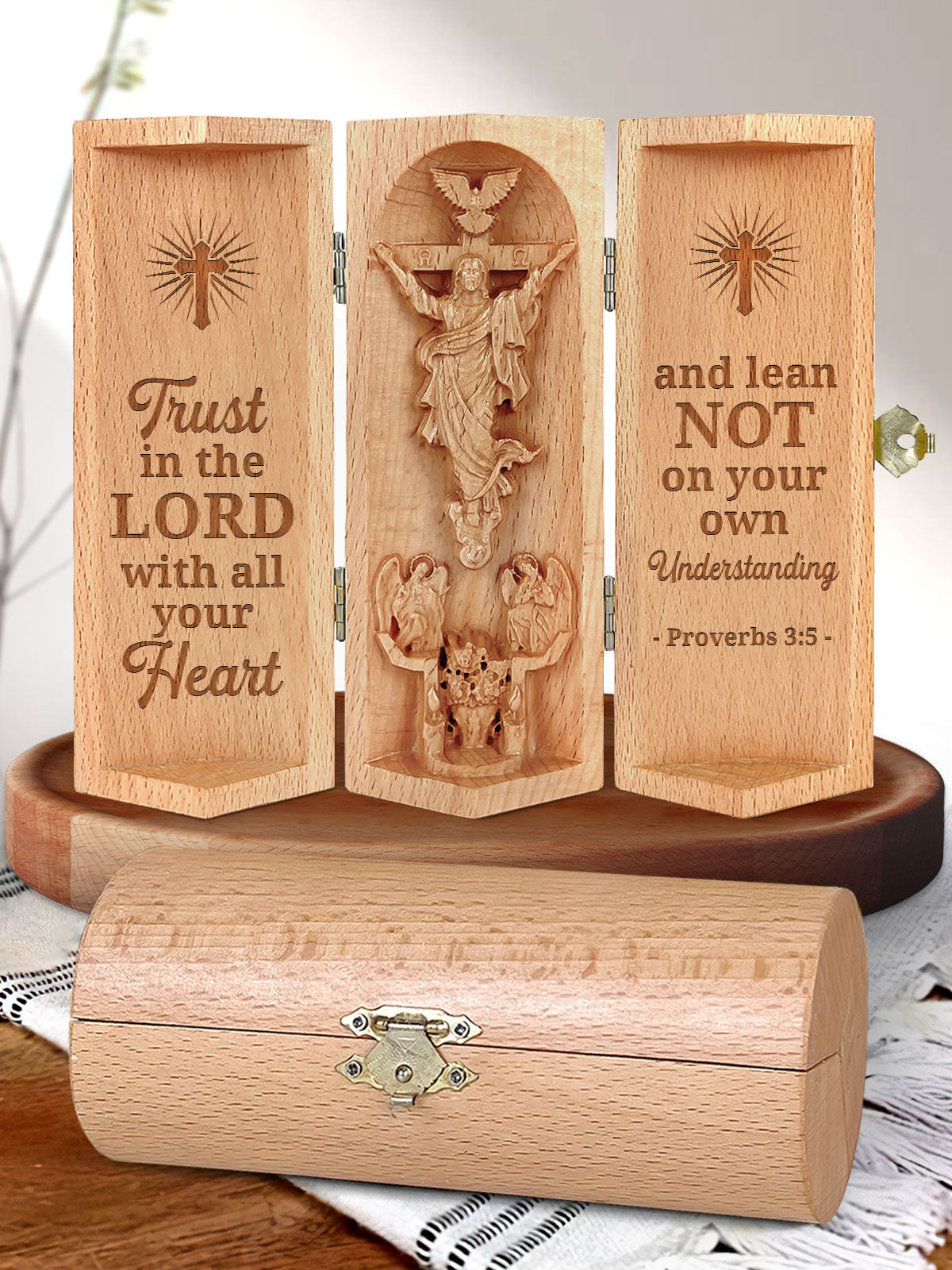 Trust In Lord, Jesus Openable Wooden Cylinder Sculpture of Jesus Christ, Christian Gifts