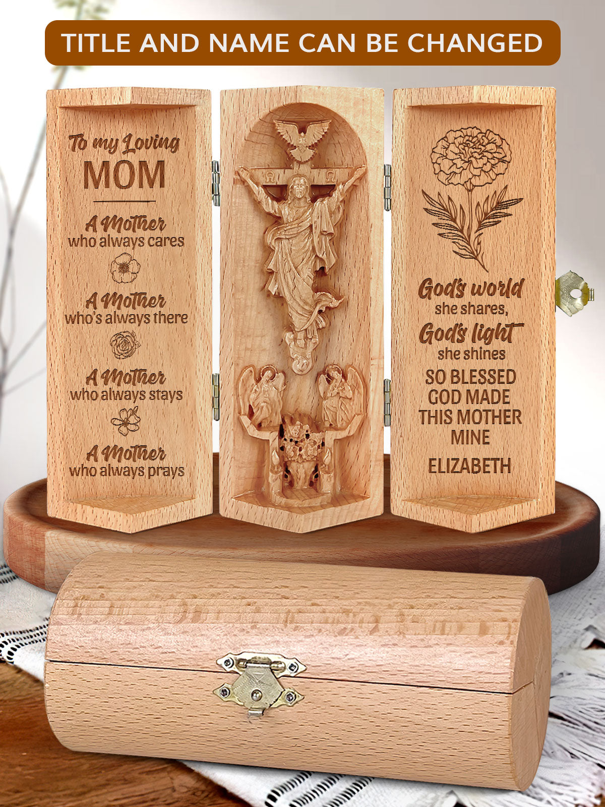 To My Loving Mom/Nana, Personalized Openable Wooden Cylinder Sculpture of Jesus Christ, Christ Decor