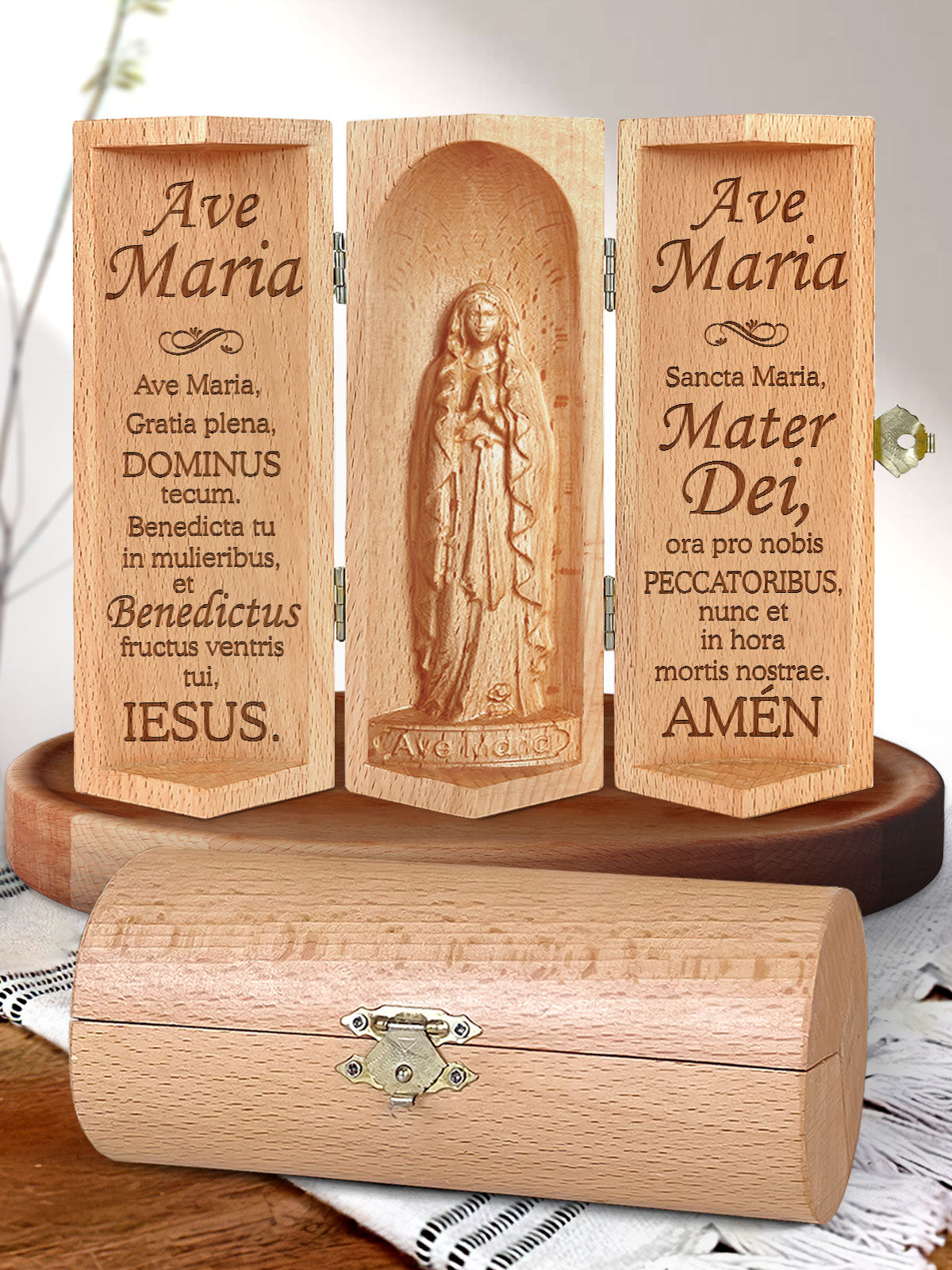 Ave Maria, Gratia Plena Openable Wooden Cylinder Sculpture of Jesus Christ, Christian Gift, Religious Gifts