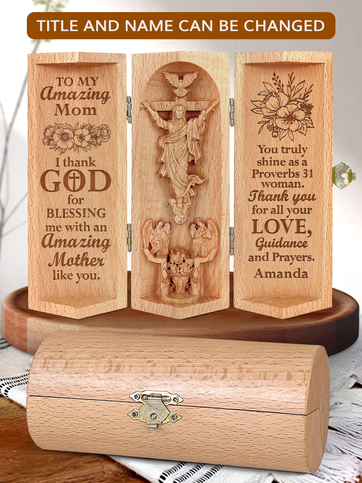 To My Amazing Mom, Jesus Openable Wooden Cylinder Sculpture of Jesus Christ, Christian Gifts