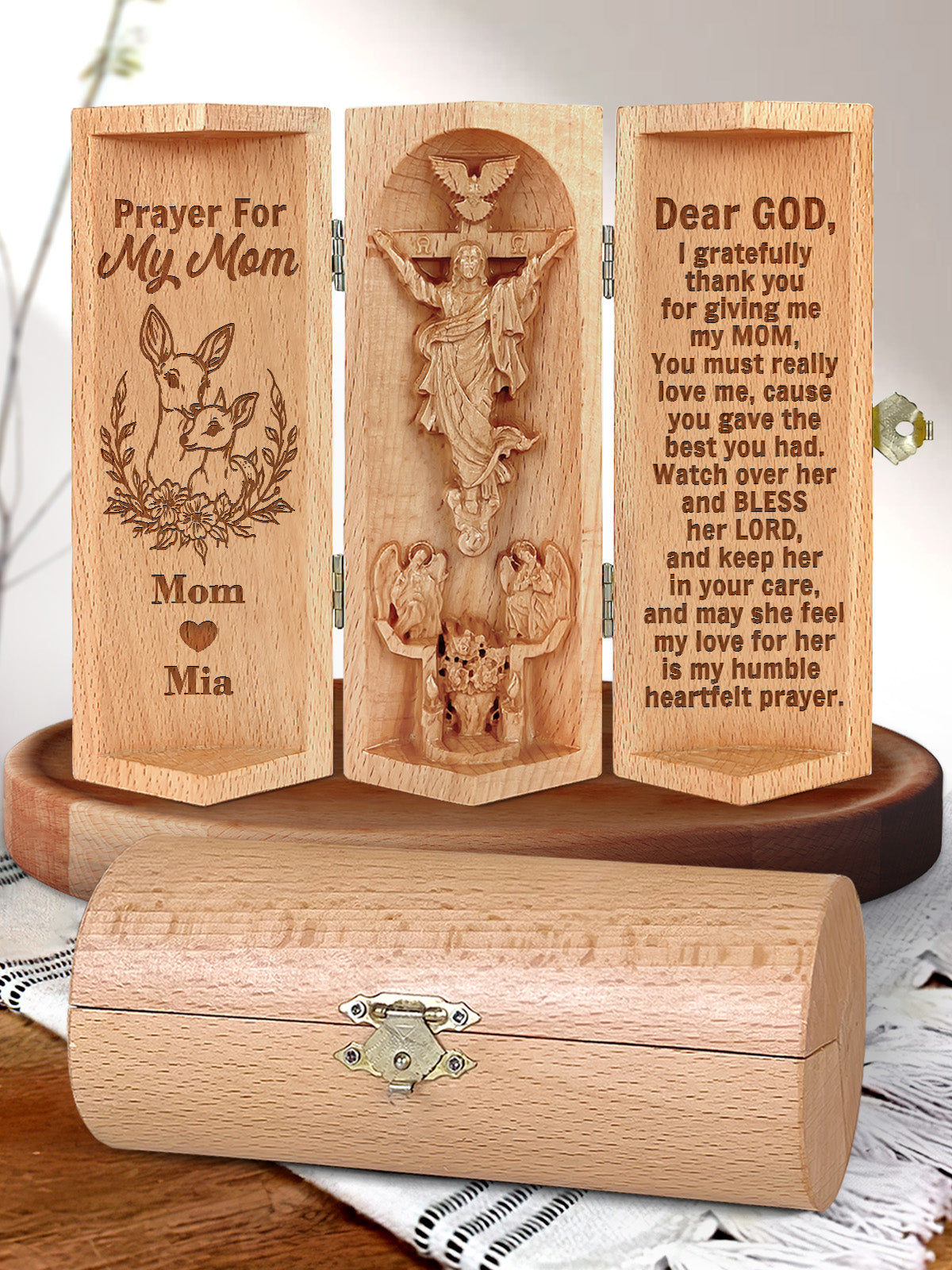 Personalized Prayer For My Mom, Openable Wooden Cylinder Sculpture of Jesus Christ, Christ Decor