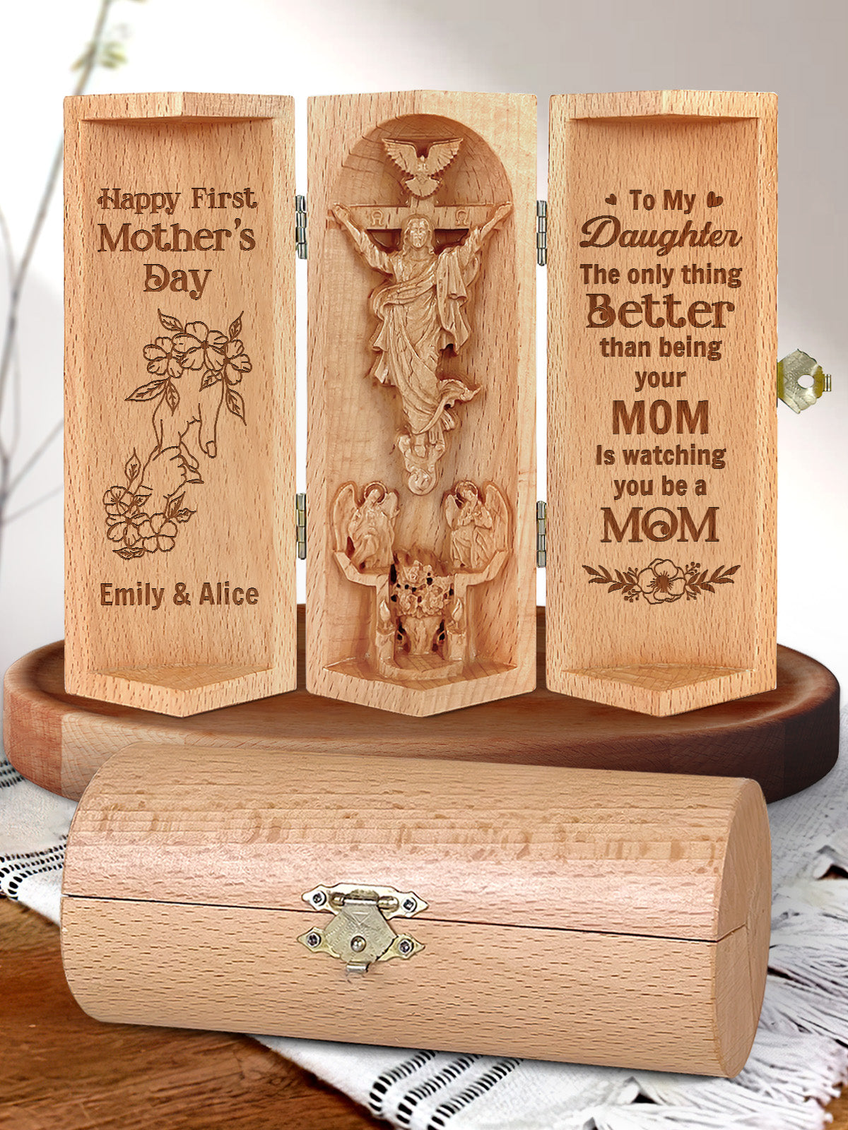 Happy First Mothers Day, Openable Wooden Cylinder Sculpture Of Jesus Christ, Christian Gifts