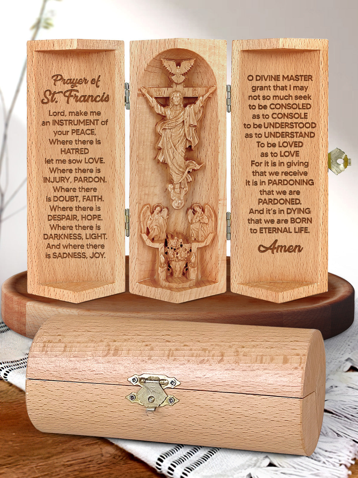 Prayer Of St. Francis, Openable Wooden Cylinder Sculpture of Jesus Christ, Christ Decor