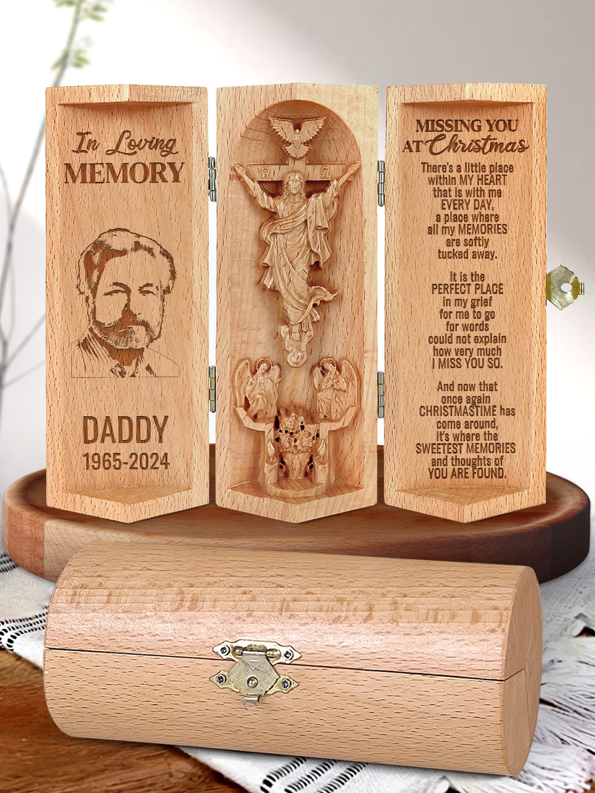 Missing You At Christmas, Personalized Openable Wooden Cylinder Sculpture of Jesus Christ, Christ Decor