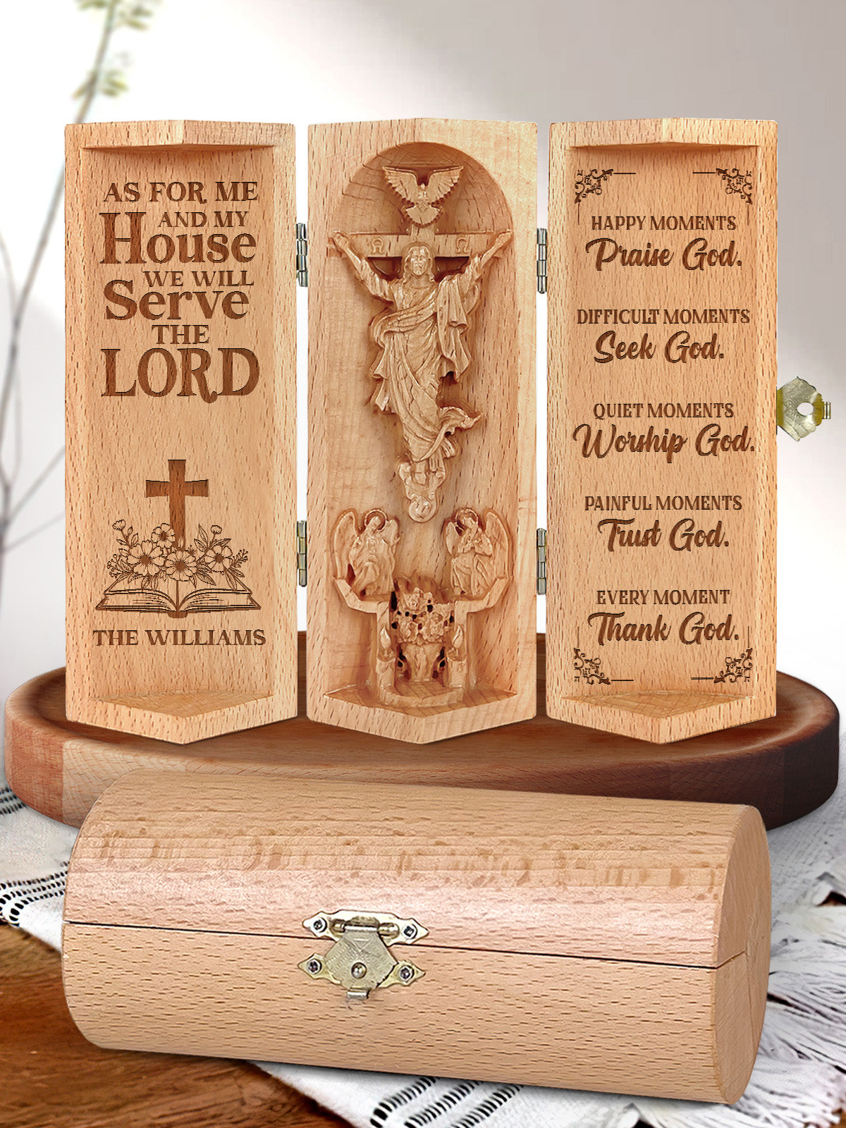 As For Me And My House We Will Serve The Lord Openable Wooden Cylinder Sculpture of Jesus Christ, Christian Gifts