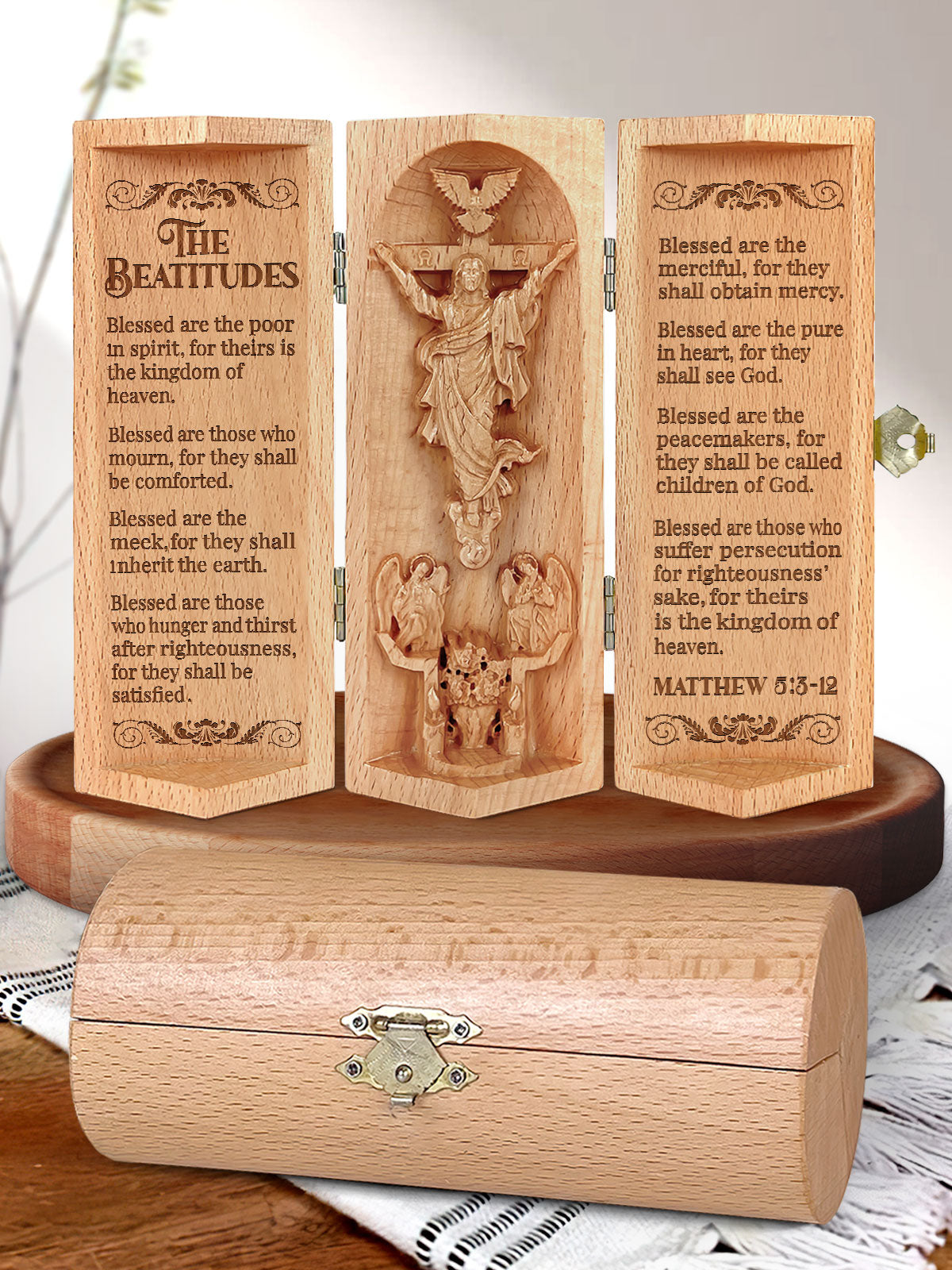 The Beatitudes, Openable Wooden Cylinder Sculpture of Jesus Christ, Christian Gifts