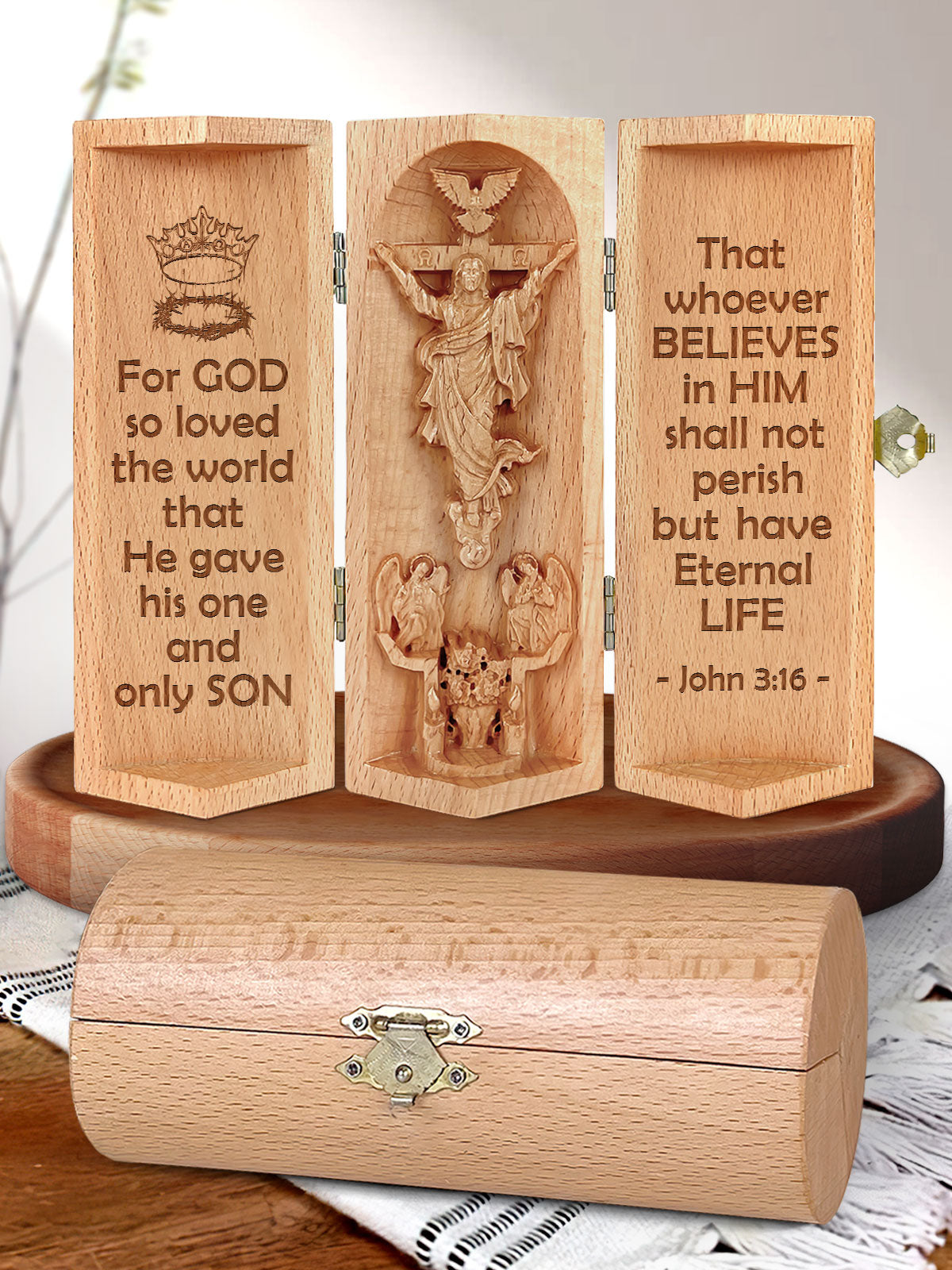 John 3:16, Openable Wooden Cylinder Sculpture of Jesus Christ, Christian Gifts