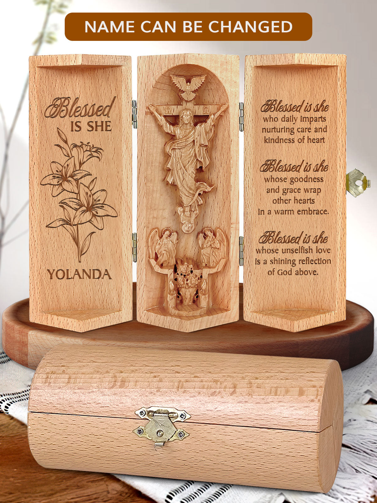 Personalized Blessed Is She Openable Wooden Cylinder Sculpture of Jesus Christ, Christian Gifts, Religious Gifts