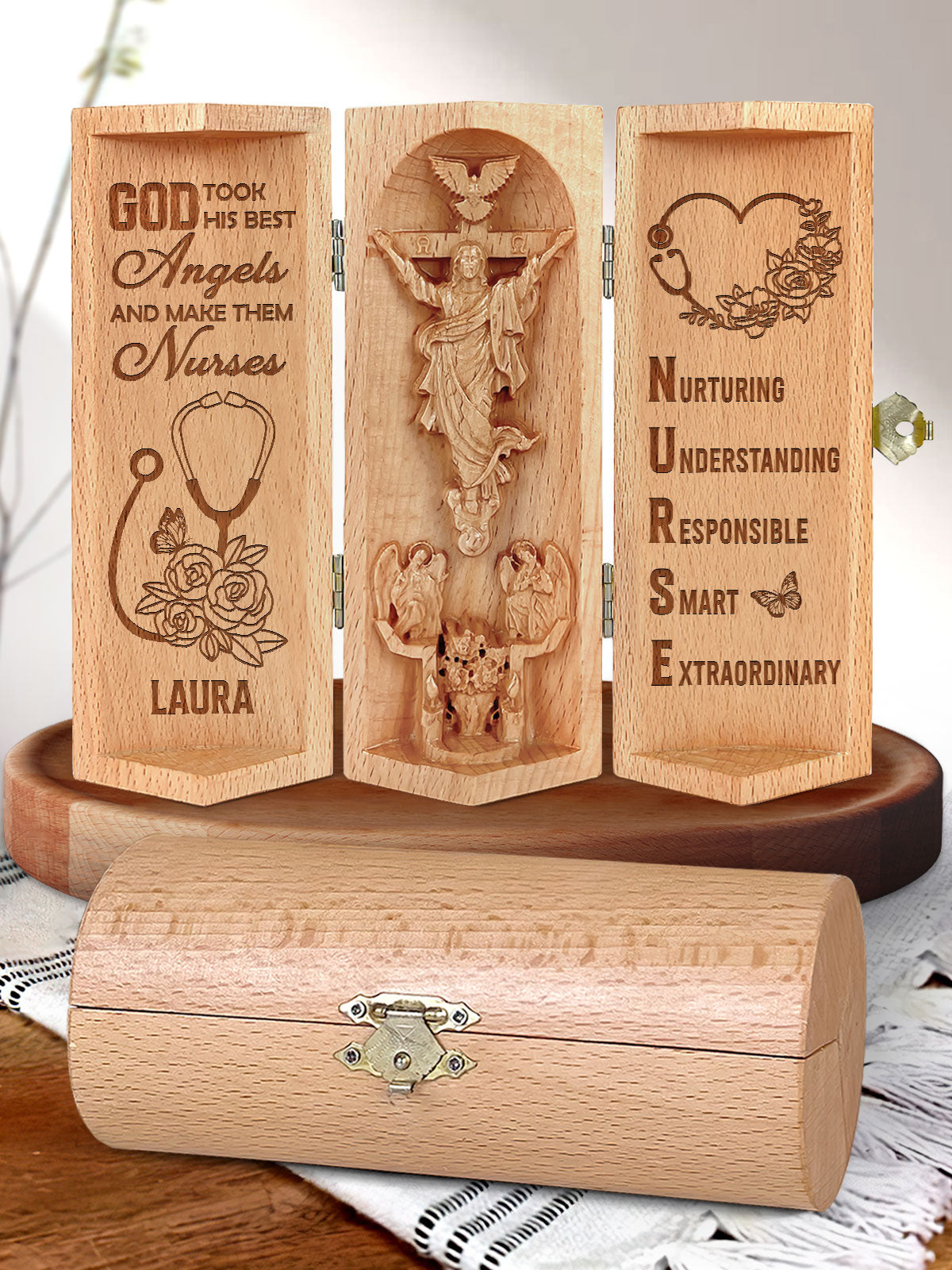 God Took His Best Angels Nurses Openable Wooden Cylinder Sculpture of Jesus Christ, Christ Decor