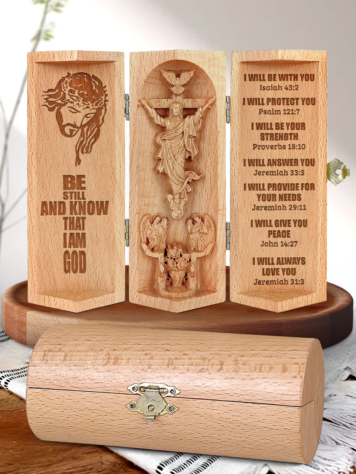 Be Still and Know That I Am God Openable Wooden Cylinder Sculpture of Jesus Christ, Christian Gift