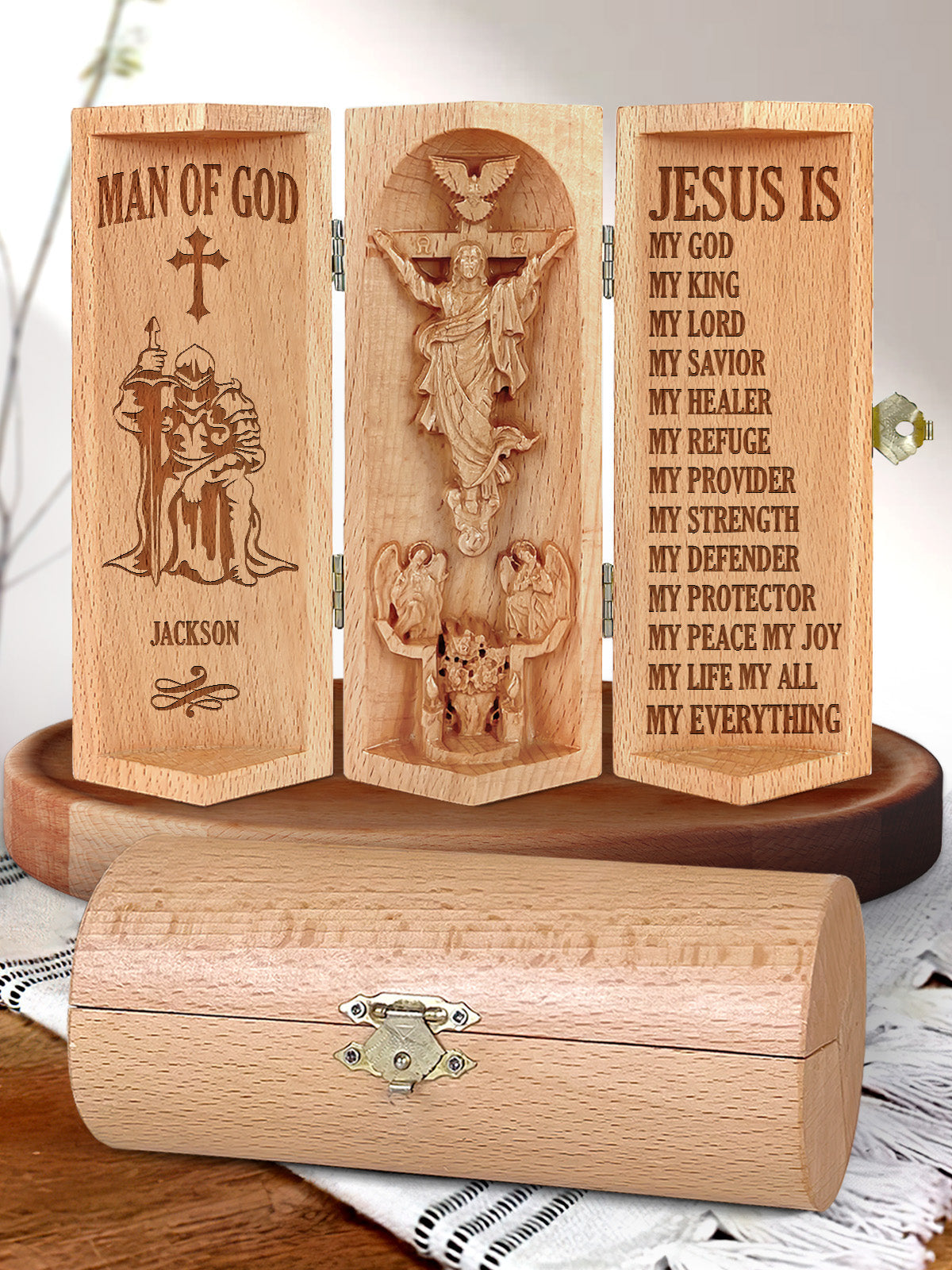 Man Of God, Personalized Openable Wooden Cylinder Sculpture of Jesus Christ, Christ Decor