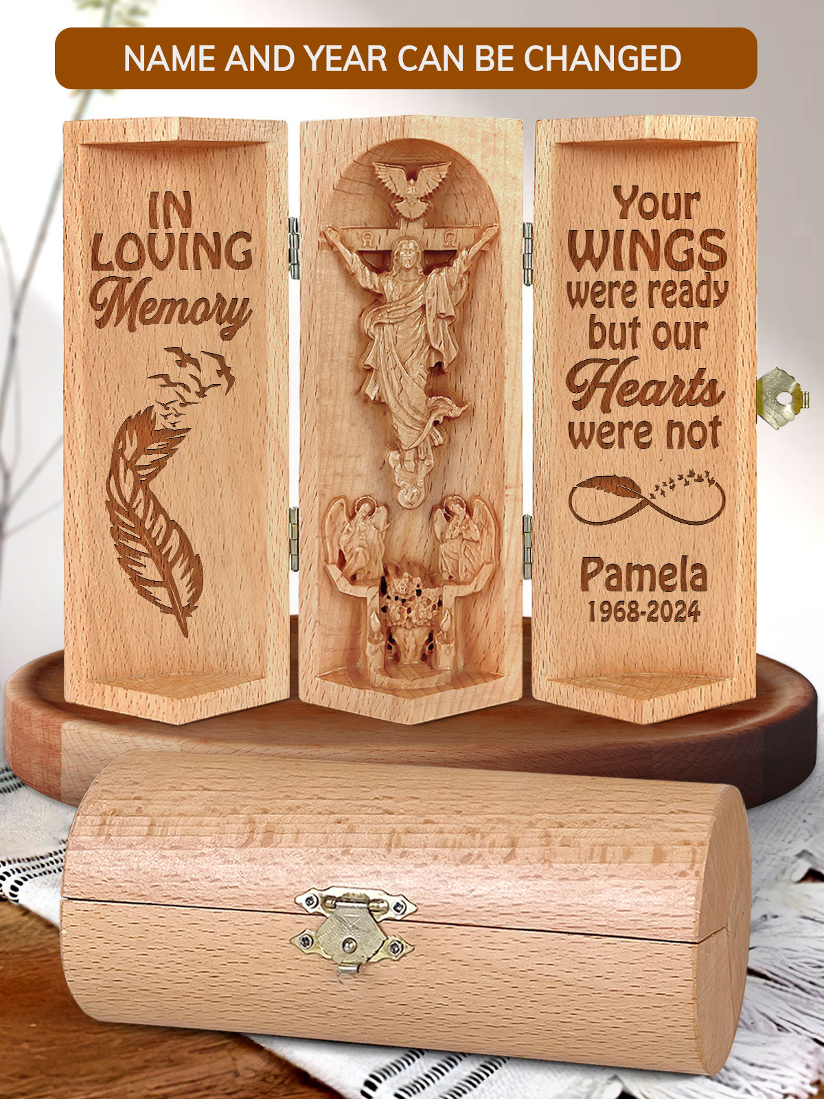 Your Wings Were Ready But Our Hearts Were Not, Personalized Openable Wooden Cylinder Sculpture of Jesus Christ, Christ Decor