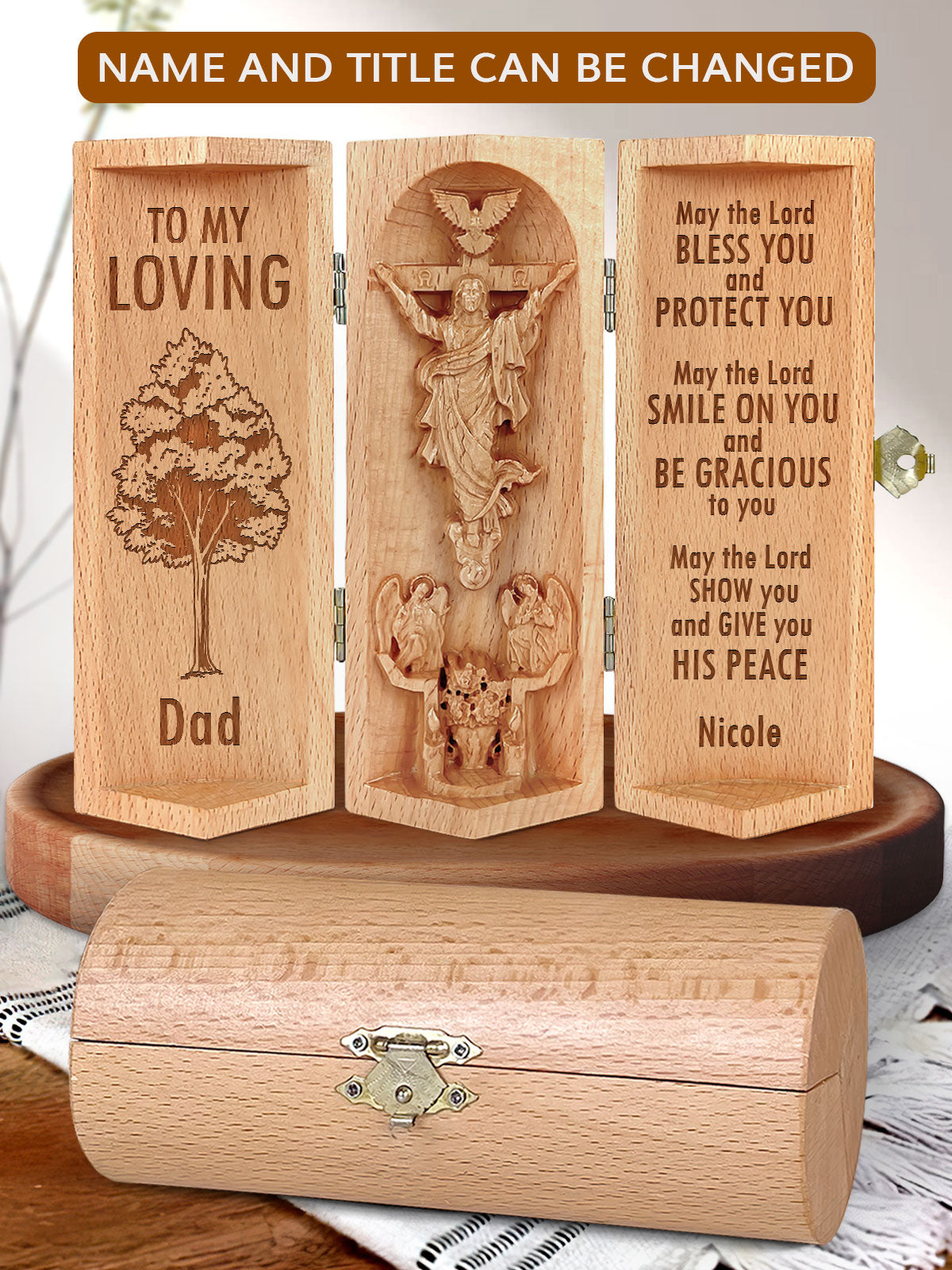 To My Loving Dad, Jesus Openable Wooden Cylinder Sculpture of Jesus Christ, Christian Gifts