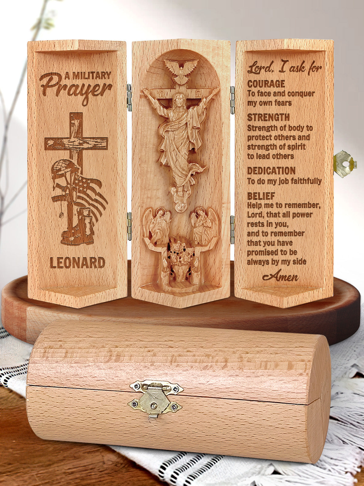 A Military Prayer Personalized Openable Wooden Cylinder Sculpture of Jesus Christ, Christ Decor