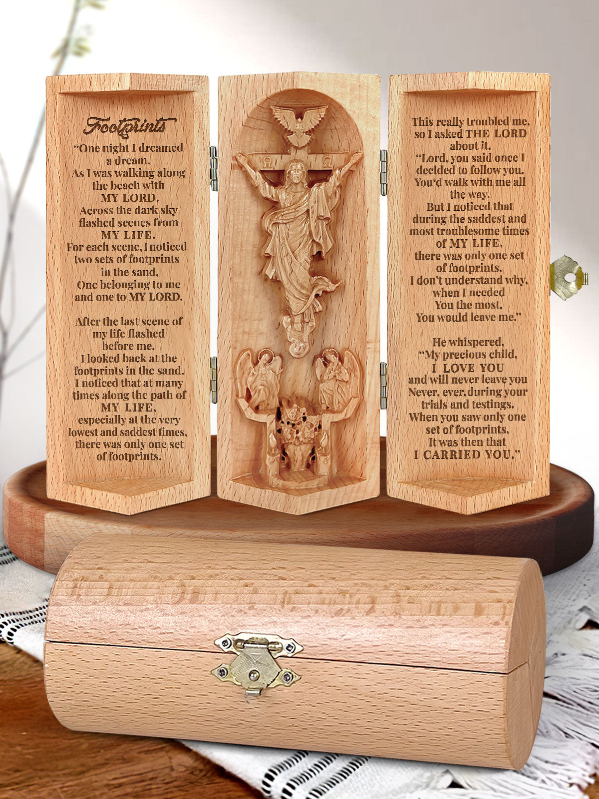 The Footprints, Jesus Openable Wooden Cylinder Sculpture of Jesus Christ, Christian Gifts