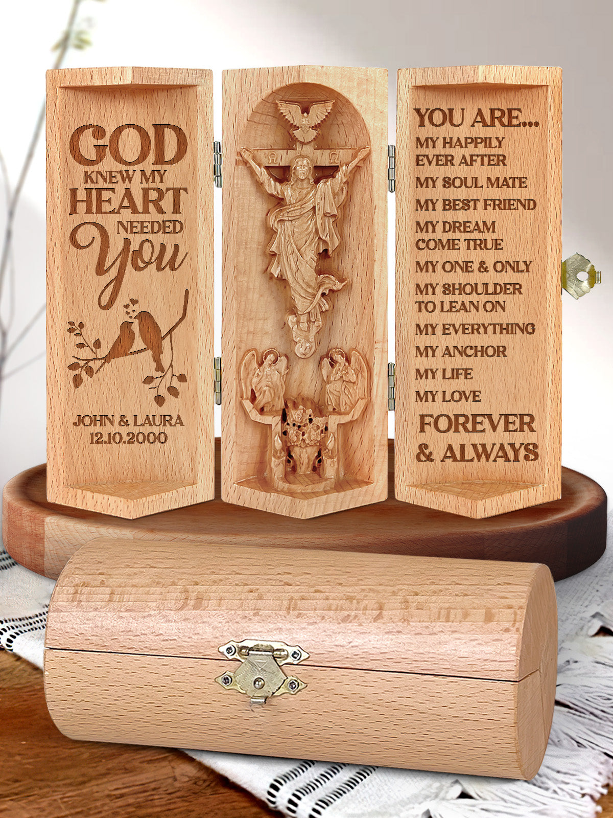 God Knew My Heart Needed You Openable Wooden Cylinder Sculpture of Jesus Christ, Christ Decor