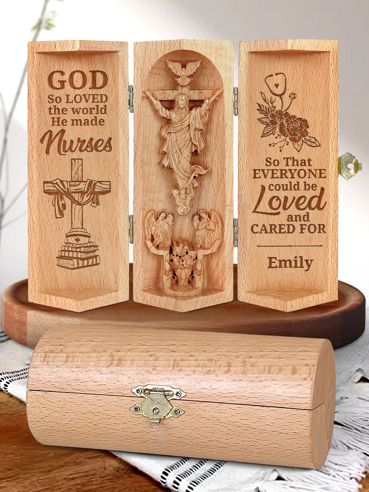 God So Loved The World, Personalized Openable Wooden Cylinder Sculpture of Jesus Christ, Christ Decor