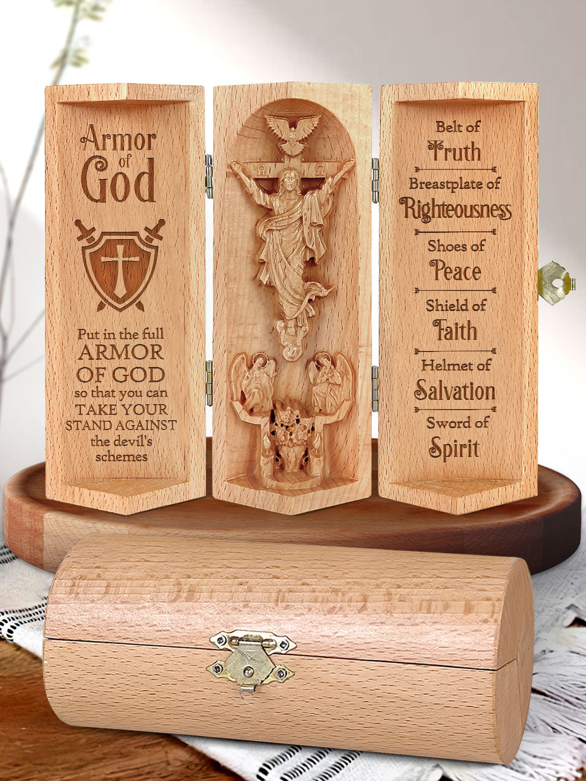 Armor Of God, Statue Of Jesus, Openable Wooden Cylinder Sculpture of Jesus Christ, Christian Gifts