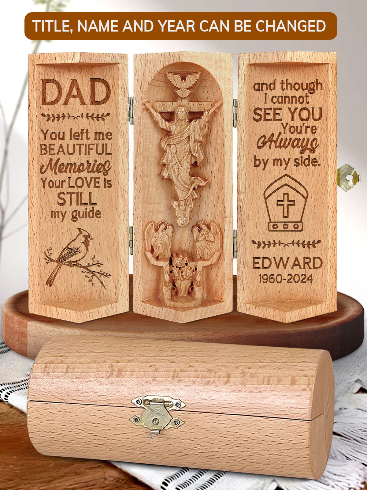 You Left Me Beautiful Memories, Personalized Openable Wooden Cylinder Sculpture of Jesus Christ, Christ Decor