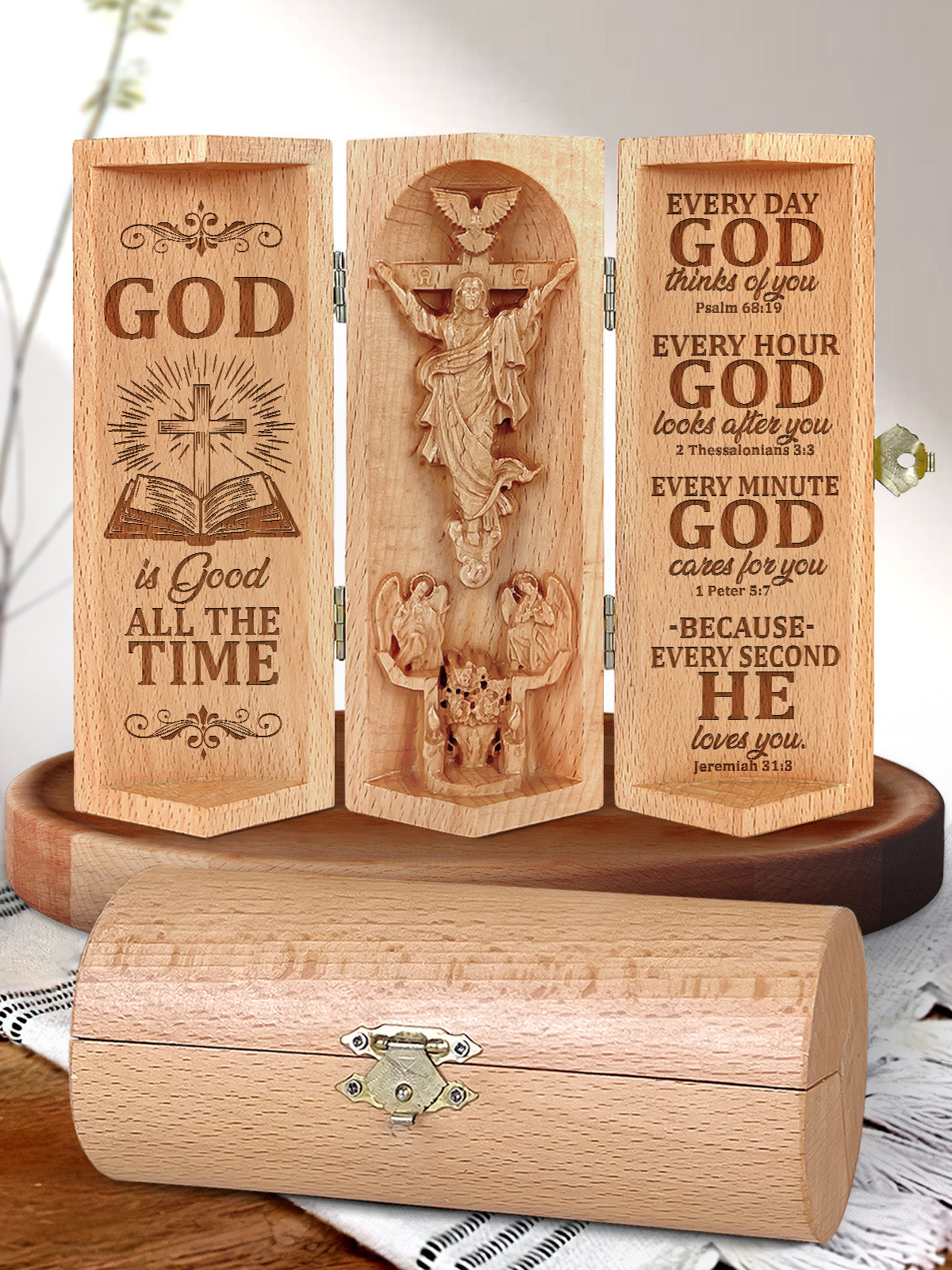 God Is Good All The Time Openable Wooden Cylinder Sculpture of Jesus Christ, Christ Decor