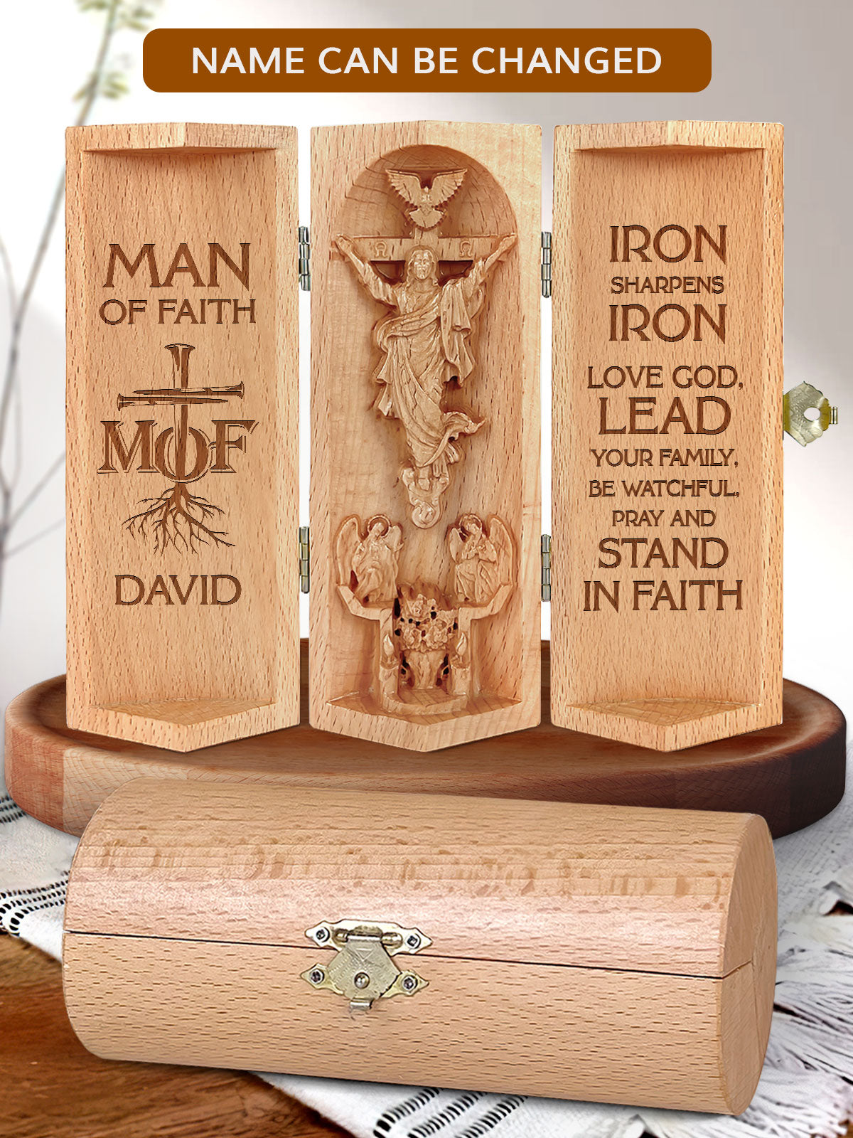 Man Of Faith, Personalized Openable Wooden Cylinder Sculpture of Jesus Christ, Christ Decor