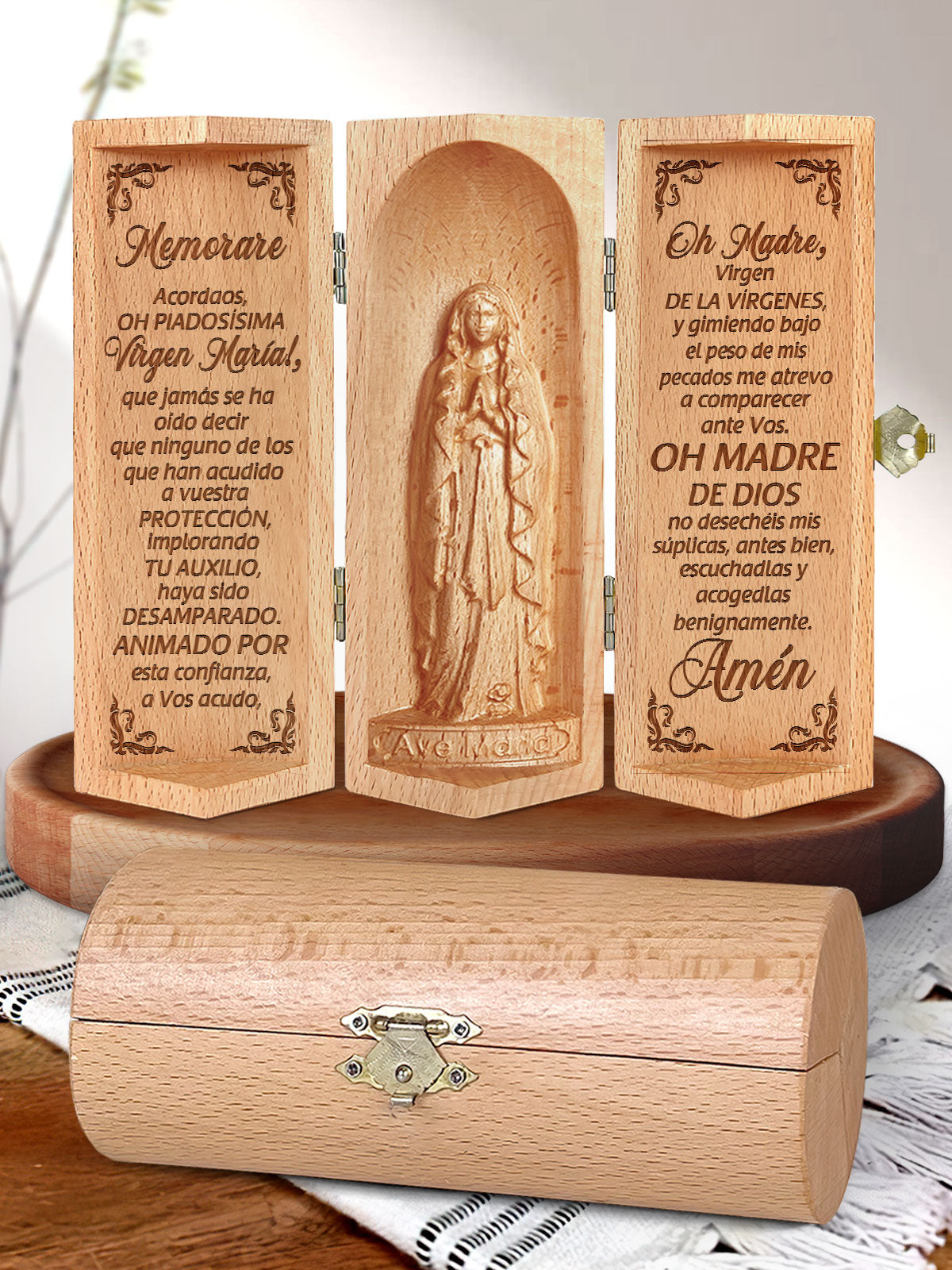 Memorare, Personalized Openable Wooden Cylinder Sculpture of Jesus Christ, Christ Decor